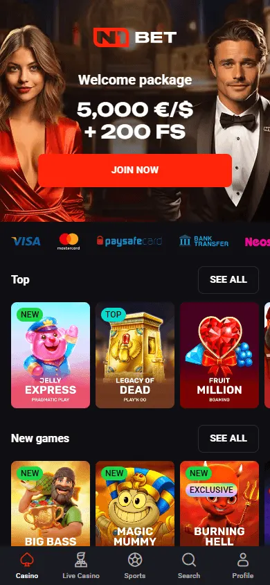 N1bet Casino home view on mobile